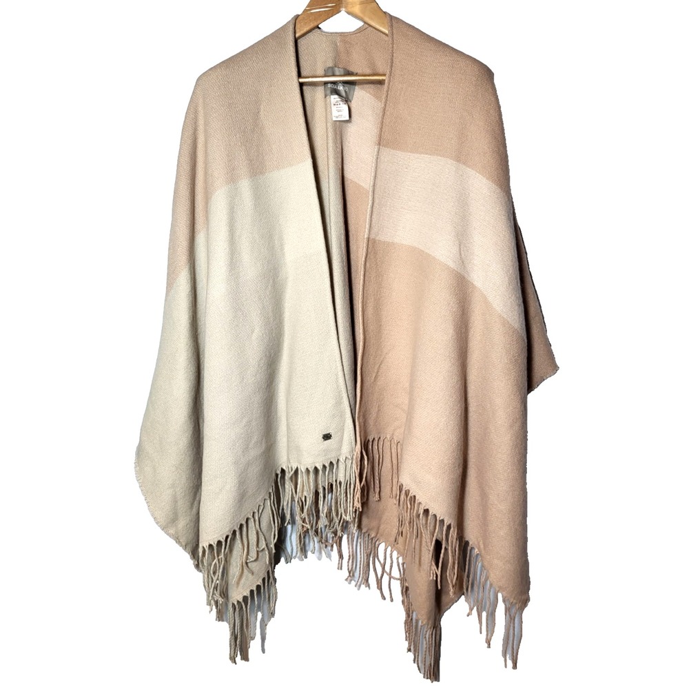 SOIA & KYO‎ Woven Scarf Wrap Shawl Fringe Color Blocked Quartz/Tan/Pink Coastal
